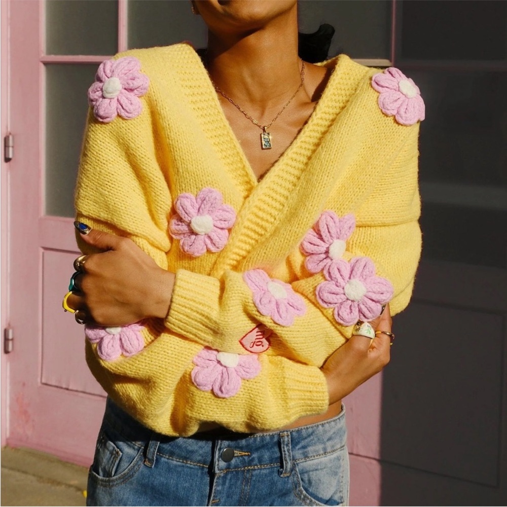 Mure+Grand Flowers Follow the Sun Puff Cardigan Sweater Yellow Pink size S/M